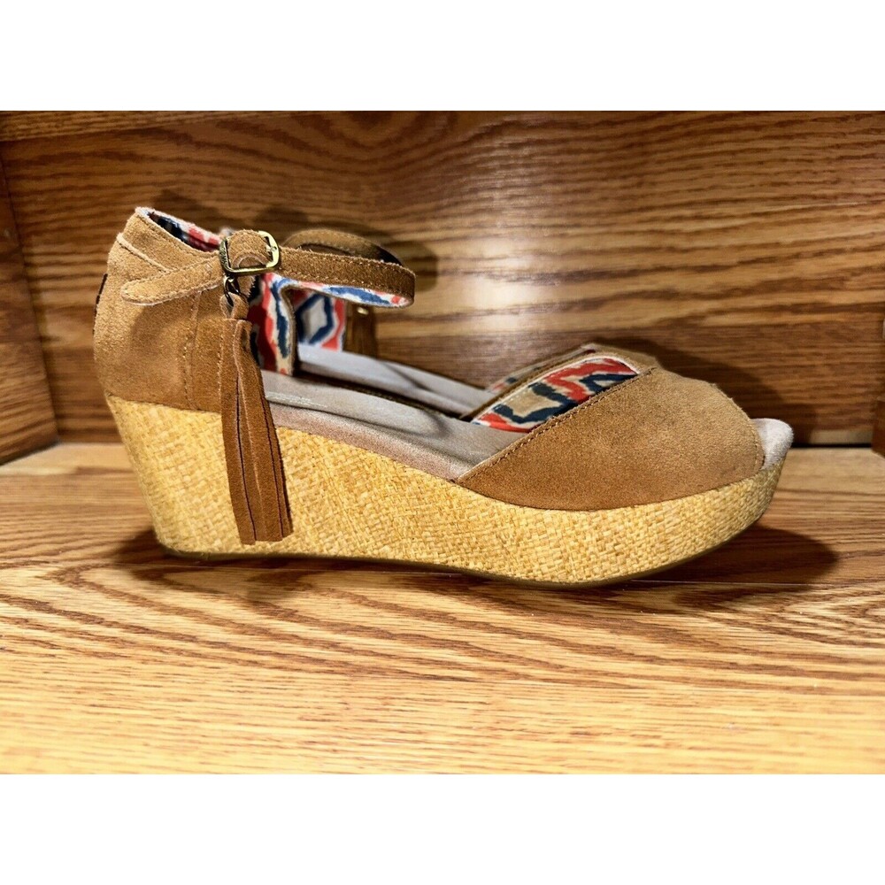 Toms Womens Brown Leather Comfort Tassels Wedge Heel Espadrille Sandal Size 8.5 - Picture 4 of 6